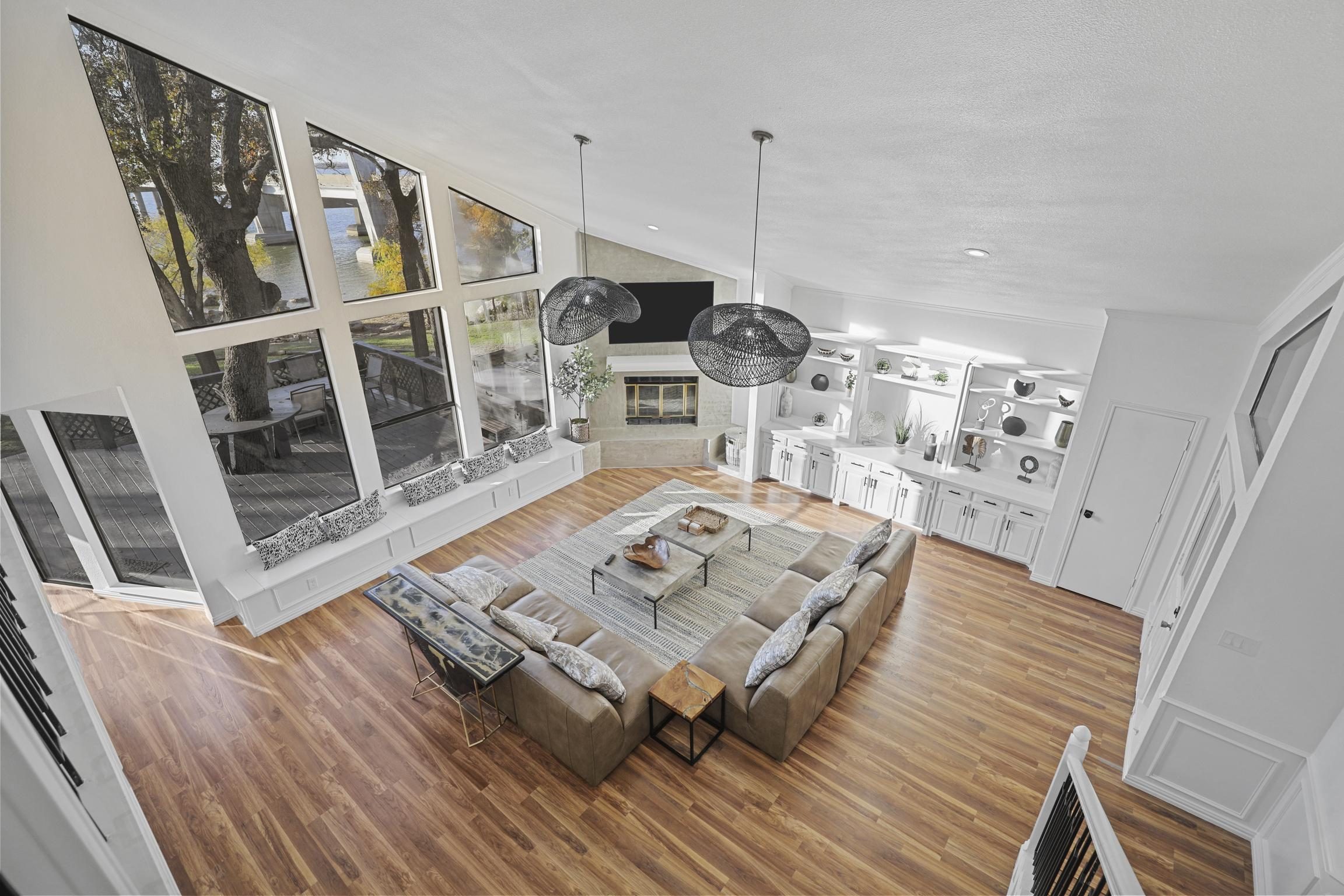Great room with vaulted ceilings overlooking Lake Lewisville